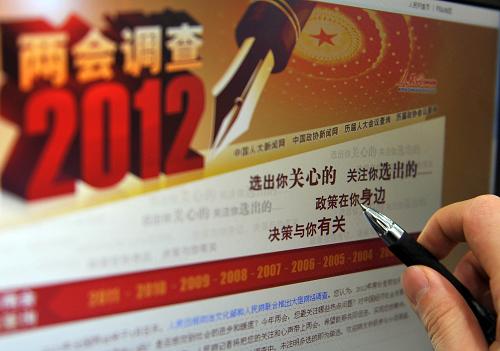 這是人民網(wǎng)推出的2012年兩會調查(3月1日攝)。新華社記者 公磊 攝