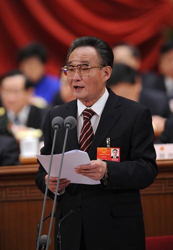 3月14日,第十一屆全國人民代表大會第五次會議在北京人民大會堂舉行閉幕會。吳邦國主持閉幕會并講話。 新華社記者 饒愛民 攝