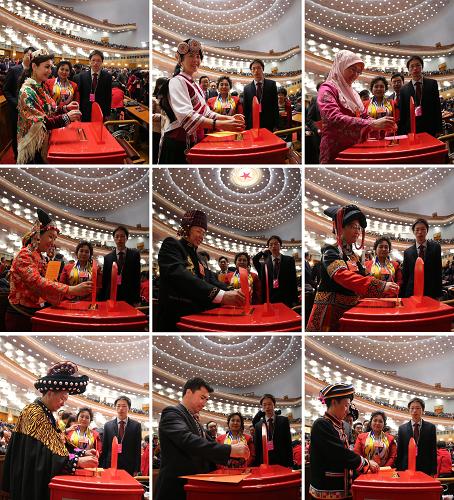 十二屆全國人大一次會(huì)議舉行第四次全體會(huì)議 3月14日,十二屆全國人大一次會(huì)議在北京人民大會(huì)堂舉行第四次全體會(huì)議,選舉第十二屆全國人民代表大會(huì)常務(wù)委員會(huì)委員長(zhǎng)、副委員長(zhǎng)、秘書長(zhǎng);選舉第十二屆全國人民代表大會(huì)常務(wù)委員會(huì)委員;選舉中華人民共和國主席、副主席;選舉中華人民共和國中央軍事委員會(huì)主席。這是少數(shù)民族代表在投票。 新華社記者 蘭紅光 攝