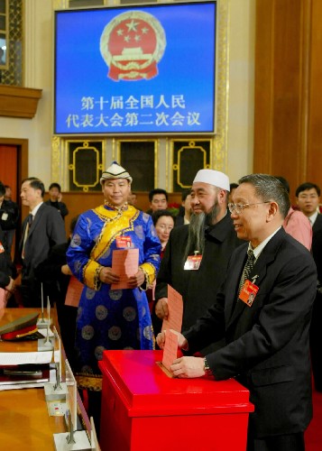 這是2004年3月14日,出席十屆全國(guó)人大二次會(huì)議的代表們投票表決中華人民共和國(guó)憲法修正案草案。會(huì)議審議通過(guò)的憲法修正案將“三個(gè)代表”重要思想、尊重和保障人權(quán)、保護(hù)合法私有財(cái)產(chǎn)等內(nèi)容寫入憲法,充分體現(xiàn)以人為本理念。新華社發(fā)