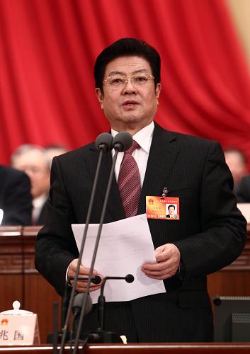 3月9日,十一屆全國(guó)人大三次會(huì)議在北京人民大會(huì)堂舉行第三次全體會(huì)議。王兆國(guó)主持會(huì)議。新華社記者 劉衛(wèi)兵 攝