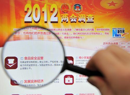食品安全監(jiān)管成為網(wǎng)民新的兩會(huì)關(guān)注點(diǎn)(3月1日攝)。2012年全國(guó)兩會(huì)召開(kāi)在即,廣大網(wǎng)民對(duì)兩會(huì)有何期待?最關(guān)注哪些熱點(diǎn)話題?新華社“中國(guó)網(wǎng)事”記者綜合新華網(wǎng)、人民網(wǎng)等門(mén)戶網(wǎng)站組織的“2012年兩會(huì)調(diào)查”結(jié)果發(fā)現(xiàn),網(wǎng)民最關(guān)注的“五個(gè)熱點(diǎn)話題”分別是:社會(huì)道德建設(shè)、食品安全監(jiān)管、縮小貧富差距、房產(chǎn)市場(chǎng)調(diào)控和加強(qiáng)反腐倡廉。其中,“社會(huì)道德”和“食品安全”成為網(wǎng)民新的兩會(huì)關(guān)注點(diǎn)。新華社記者 公磊 攝