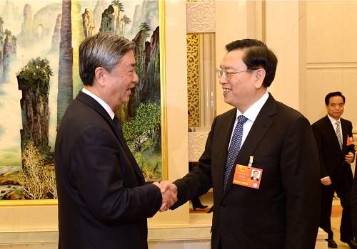 這是張德江與新華社社長李從軍握手。新華社記者 馬占成 攝
