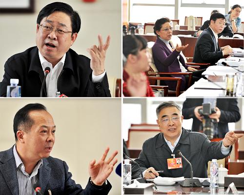 3月6日,在十二屆全國(guó)人大一次會(huì)議天津代表團(tuán)全體會(huì)議中,張杰代表(左上)建議把老年人事業(yè)放在更加突出的位置優(yōu)先發(fā)展,他說,根據(jù)《中國(guó)老年事業(yè)發(fā)展報(bào)告(2013)》顯示,截至2012年,我國(guó)60歲以及60歲以上的人口已達(dá)1.94億,占總?cè)丝跀?shù)的14.3%,隨著人口老齡化加劇,人口結(jié)構(gòu)、社會(huì)結(jié)構(gòu)都將發(fā)生重大變化。關(guān)牧村代表(右上)、于世平代表(左下)和張伯禮代表(右下)也紛紛就養(yǎng)老問題發(fā)表各自的建議。新華社記者 岳月偉 攝