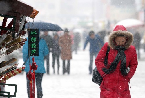 11月19日,市民在丹東街頭冒雪前行。遼寧大部地區(qū)從19日上午開始,迎來入冬以來最強的一次降雪過程。沈陽中心氣象臺當日下午對丹東、鳳城發(fā)布了暴雪藍色和黃色2個預警。新華社發(fā)(陳浩 攝)