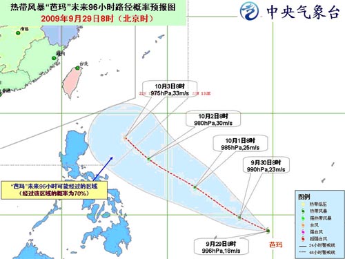 圖2 熱帶風(fēng)暴“芭瑪”路徑概率預(yù)報(bào)圖(9月29日08時(shí)~10月3日08時(shí))