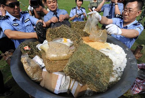 6月23日,南京市禁毒委的工作人員將收繳的毒品集中放置在焚燒爐內(nèi)。新華社記者 韓瑜慶 攝