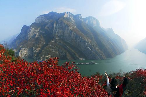 游客在紅葉映襯的長(zhǎng)江巫峽游覽觀(guān)光(12月4日攝)。初冬時(shí)節(jié)的長(zhǎng)江瞿塘峽、巫峽,一江碧水,兩岸紅葉,江面上船只穿梭來(lái)去,猶如畫(huà)中行。新華社發(fā)(王正坤 攝)