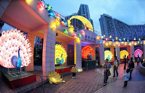 2月27日,香港新界將軍澳寶翠公園入口處的9只孔雀彩燈迎接游客。據(jù)悉,26日至28日,香港特區(qū)政府康樂(lè)及文化事務(wù)署將舉辦三場(chǎng)大型彩燈會(huì),慶祝元宵佳節(jié)。 新華社記者 宋振平 攝