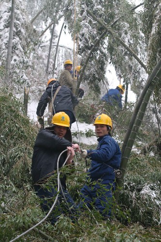 1月22日,安徽電力搶修人員在金寨縣張沖鄉(xiāng)搶修受損輸電線路。近日,位于大別山區(qū)的安徽省六安市金寨縣遭受嚴(yán)重冰雪災(zāi)害,三峽電力輸出的500千伏宜華直流輸電線路部分線路段及鐵塔嚴(yán)重受損。災(zāi)害發(fā)生后,國家電網(wǎng)公司迅速派出搶險(xiǎn)協(xié)調(diào)小組趕赴現(xiàn)場,安徽省電力公司及所屬單位立即啟動(dòng)一級應(yīng)急預(yù)案,調(diào)集人員物資,開展搶修。目前,相關(guān)搶險(xiǎn)物資已經(jīng)全部準(zhǔn)備就緒,電力施工人員和當(dāng)?shù)厝罕娬趯?30多噸物資分批運(yùn)至海拔700多米的山頂,搶險(xiǎn)工作正在緊張有序地進(jìn)行。