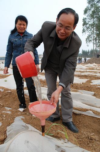 3月10日,在扶綏縣渠茗村,農(nóng)業(yè)專家指導(dǎo)農(nóng)民使用“漏斗”給地膜里的甘蔗苗澆水。新華社發(fā)(喻湘泉 攝)