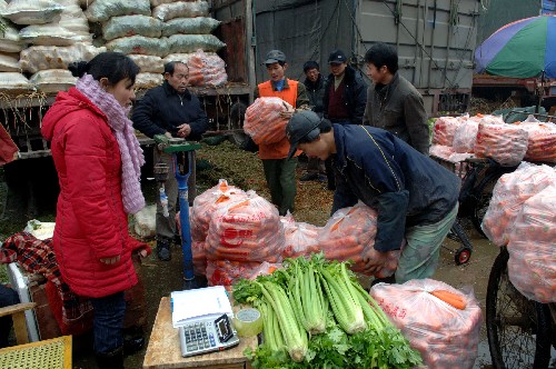 長沙馬王堆農(nóng)產(chǎn)品市場(chǎng)商戶在銷售蔬菜(1月31日攝)。新華社記者 何俊昌 攝