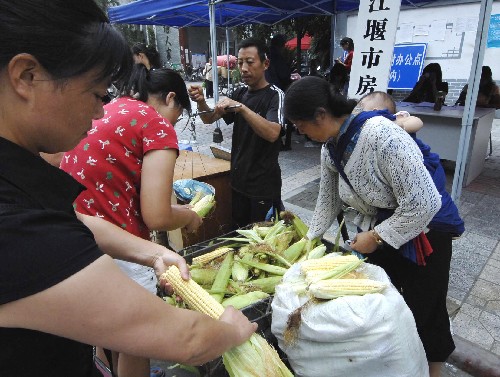 7月2日,都江堰市的受災(zāi)群眾在購買玉米。 商貿(mào)流通直接關(guān)系到老百姓日用品的供應(yīng)。記者日前走訪了四川各災(zāi)區(qū)安置點(diǎn)和政府相關(guān)部門,了解災(zāi)區(qū)群眾的日常生活用品供應(yīng)情況。四川省商務(wù)廳的統(tǒng)計(jì)顯示,目前災(zāi)區(qū)商貿(mào)流通經(jīng)營(yíng)網(wǎng)點(diǎn)已恢復(fù)九成。 新華社記者 章磊 攝