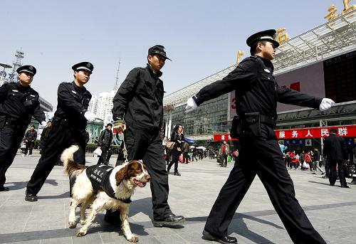 3月26日,民警在上?;疖囌緮y警犬巡邏。隨著2010年上海世博會(huì)逐漸臨近,上海鐵路警方采取“機(jī)檢、人檢、警犬檢相結(jié)合”的方法,加強(qiáng)上?;疖囌镜陌矙z查危措施,確保旅客攜帶物品100%進(jìn)行安檢。同時(shí),百名特警被分成若干小分隊(duì),全副武裝攜警犬在鐵路上海站、上海南站等重要場(chǎng)所巡邏,預(yù)防重大突發(fā)事件的發(fā)生。新華社記者 陳飛 攝
