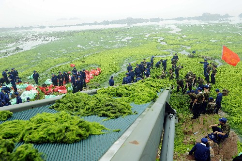7月5日,駐青某海軍部隊用大型傳輸設(shè)備打撈滸苔。當日,各駐青部隊出動近5000多名官兵,參加“迎奧運清滸苔突擊日”活動,一天清理滸苔達6000余噸。截至目前,駐青部隊累計出動官兵5萬余人次,打撈青島近海滸苔20萬多噸。 新華社記者 范長國攝