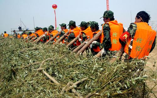 6月13日,搶險(xiǎn)隊(duì)員在黃河永濟(jì)段城西大壩進(jìn)行捆拋柳石枕演練。新華社發(fā)(王建軍 攝)