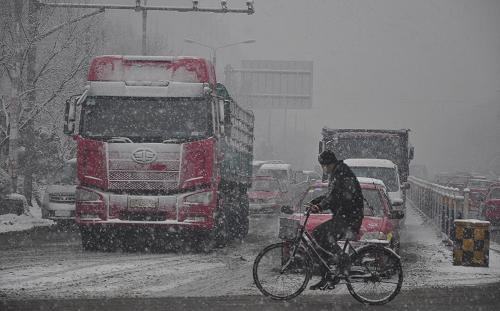 11月13日,黑龍江牡丹江市一位市民冒著風(fēng)雪在街頭艱難騎行。新華社發(fā)(張春祥 攝)