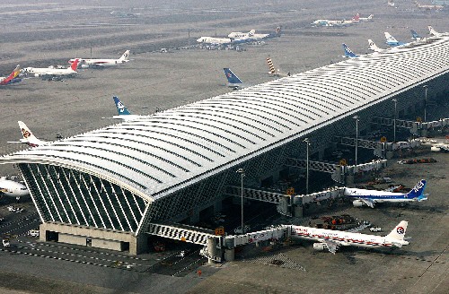 上海浦東國際機場停機坪俯瞰(12月20日攝)。 新華社記者陳飛攝