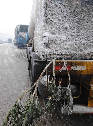 大貨車在京珠高速公路郴州段排隊等候通行(2月1日攝)。 新華社記者 陳樹根 攝