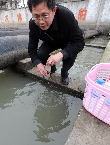 2月23日,江蘇鹽城城西水廠的一位工作人員在水廠進(jìn)水口取樣準(zhǔn)備送檢。 當(dāng)日,江蘇省鹽城市政府發(fā)布公告:因水源地受化工污染停止生產(chǎn)3天的城西水廠于2月23日凌晨2時(shí)恢復(fù)供水。據(jù)檢測,2月22日全天,該廠水源地水質(zhì)經(jīng)檢測已穩(wěn)定達(dá)標(biāo)。公告還說,由于水壓加大需要過程,高層居民用水將逐步恢復(fù)。 新華社記者 姜帆 攝