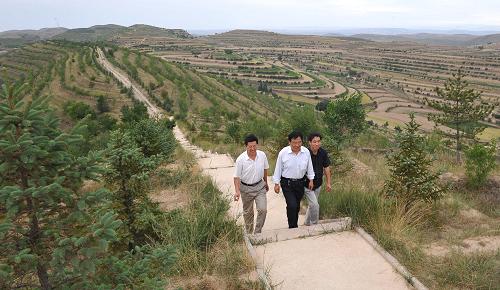 7月10日,寧夏彭陽(yáng)縣水土保持站技術(shù)人員走進(jìn)陽(yáng)洼小流域綜合治理區(qū)查看林木植被情況。 新華社記者 劉泉龍 攝