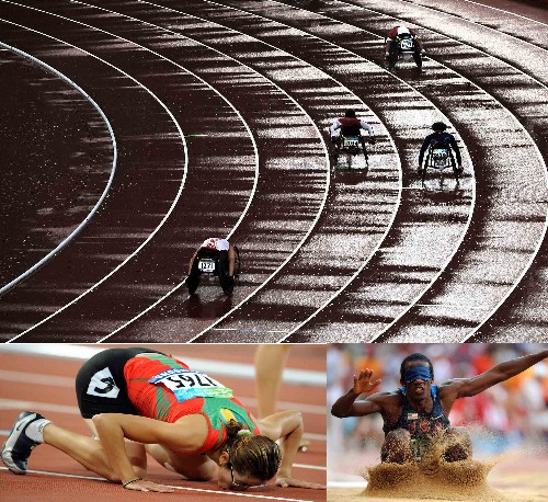 上圖:9月9日,選手們冒雨進(jìn)行男子400米T53級首輪比賽。 左下圖:9月13日,摩洛哥選手薩娜·本哈馬沖過終點(diǎn)線后親吻“鳥巢”的賽道。她在女子200米T13級決賽中獲得冠軍。 右下圖:9月15日,美國選手吉勒特在男子跳遠(yuǎn)F11級決賽中獲得亞軍。 新華社發(fā)