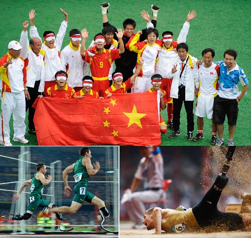 上圖:9月13日,中國隊(duì)在五人制(盲人)足球小組賽中以1比0戰(zhàn)勝西班牙隊(duì),中國隊(duì)球員和教練員在獲勝后合影。 左下圖:9月13日,有“刀鋒戰(zhàn)士”之稱的南非名將皮斯托瑞斯(左)在男子200米T44級決賽中獲得冠軍。 右下圖:9月16日,德國選手沃伊特克·奇日在男子跳遠(yuǎn)F42/44級決賽中獲得冠軍。 新華社發(fā)