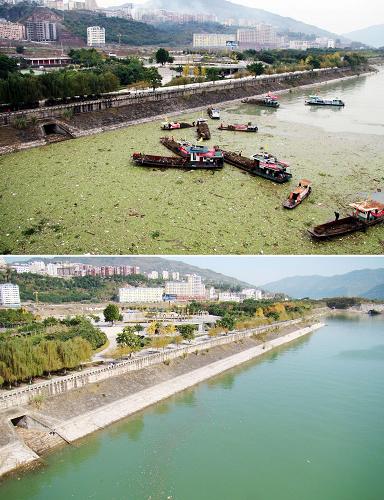 這張拼版照片的上圖為11月18日拍攝的三峽庫(kù)區(qū)重慶云陽(yáng)濱江庫(kù)岸漂浮物高峰時(shí)的景象,下圖為11月27日該水域在突擊打撈基本結(jié)束后的景象。近日,重慶云陽(yáng)針對(duì)三峽工程試驗(yàn)性蓄水以來(lái)大量涌入的漂浮物展開(kāi)的大規(guī)模漂浮物集中打撈工作初戰(zhàn)告捷,庫(kù)區(qū)清漂隊(duì)伍已由全線應(yīng)急打撈轉(zhuǎn)入日常保潔。新華社發(fā)(饒國(guó)君 攝)