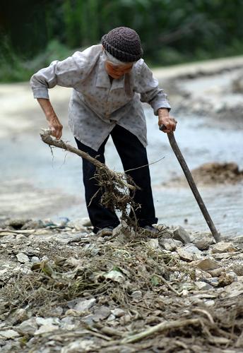 7月22日,在陜西省重災區(qū)嵐皋縣木竹村,一位老人在公路上拾柴。新華社記者 丁海濤 攝