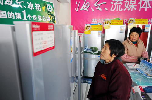 1月16日,顧客在安徽舒城縣千人橋鎮(zhèn)一“家電下鄉(xiāng)”銷(xiāo)售點(diǎn)選購(gòu)冰箱。新華社記者 陳曄華 攝