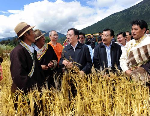 這是8月14日,在林芝縣魯朗鎮(zhèn)扎西崗村,賀國(guó)強(qiáng)走入村民次仁的青稞地里,仔細(xì)察看莊稼長(zhǎng)勢(shì),詢問(wèn)收成收入情況。新華社記者 李濤 攝