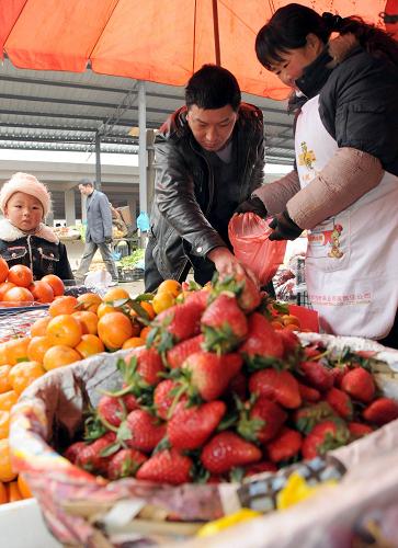 1月30日,一名男子在威寧縣城北農(nóng)貿(mào)市場內(nèi)挑選水果。新華社記者 李勁峰 攝