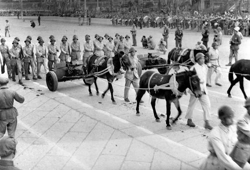 圖為1949年10月1日,受檢閱的中國人民解放軍山炮部隊由騾馬拖拽,參加分列式。 新華社發(fā)(熊知行攝)(資料照片)