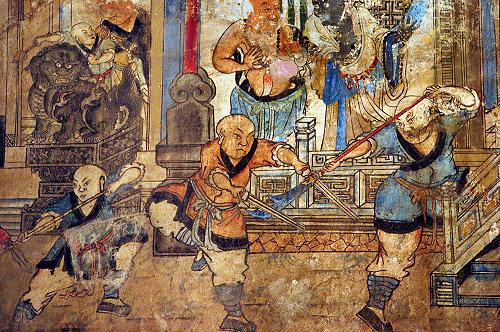 少林寺常住院的大殿內(nèi)墻上記載少林武僧習(xí)武練拳的壁畫(資料照片攝于2005年9月)。記者從河南省文物局獲悉,嵩山歷史建筑群是2010年國務(wù)院確定的我國唯一世界文化遺產(chǎn)申報(bào)項(xiàng)目。嵩山歷史建筑群包括觀星臺(tái)、嵩岳寺塔、太室闕和中岳廟、少室闕、啟母闕、嵩陽書院、會(huì)善寺、少林寺建筑群(包括常住院、塔林和初祖庵)等8處11項(xiàng)優(yōu)秀歷史建筑,構(gòu)成了一部中原地區(qū)上下2000年形象直觀的建筑史,具有很高的歷史、藝術(shù)和科學(xué)價(jià)值。新華社記者 王頌 攝