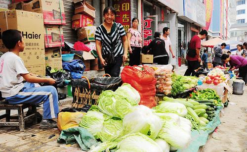 9月18日,舟曲縣城南街一個(gè)蔬菜市場(chǎng)供銷兩旺。新華社記者 吳明軒 攝