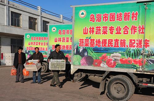 2月15日,烏海市團(tuán)結(jié)新村山林蔬菜專業(yè)合作社工作人員往蔬菜直銷配送車上裝蔬菜。為解決居民吃菜貴的問題,內(nèi)蒙古烏海市政府從2011下半年開始與當(dāng)?shù)剞r(nóng)業(yè)龍頭企業(yè)、合作社聯(lián)手,累計建立36家蔬菜直銷店,直接從蔬菜產(chǎn)地或一級批發(fā)地進(jìn)菜,減少了流通、銷售環(huán)節(jié),蔬菜銷售總成本比集貿(mào)市場低20%—30%。新華社記者 李云平 攝