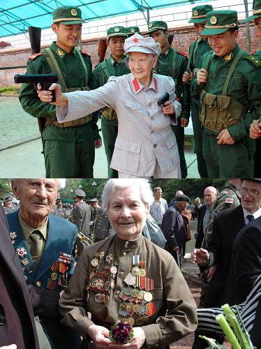 上圖:2005年7月14日,時年93歲的王泉媛老人在講述戰(zhàn)斗故事時,向戰(zhàn)士演示當年英姿。王泉媛老人是當年長征路上赫赫有名的西路軍女子先鋒團第一任團長。新華社發(fā) 下圖:2005年5月9日,80歲高齡的二戰(zhàn)老兵馬林娜老人一身戎裝、手捧鮮花前來出席在第比利斯舉行的紀念反法西斯戰(zhàn)爭勝利60周年活動。新華社記者 王作葵 攝