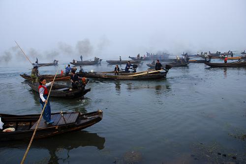 漁民在湖北省黃梅縣龍感湖湖區(qū)捕魚,一片繁忙景象(2008年10月19日攝)。新華社發(fā)(王政 攝)