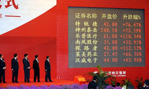 10月30日,創(chuàng)業(yè)板首批上市公司的代表在觀看大屏幕上顯示的股價信息。 當日,深交所創(chuàng)業(yè)板首批28家上市公司股票順利開盤。 新華社記者馬平攝