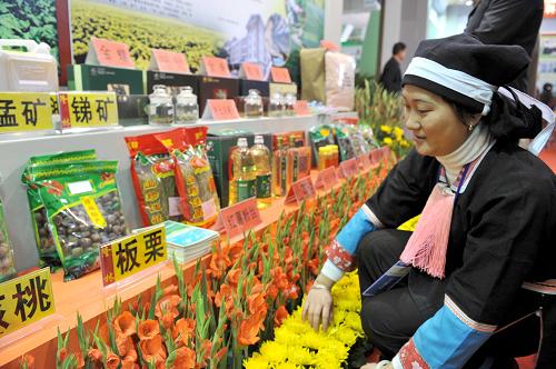 1月12日,在廣西南寧市廣西展覽館,來自凌云縣的瑤族同胞在推介當(dāng)?shù)靥禺a(chǎn)。新華社記者 周華 攝