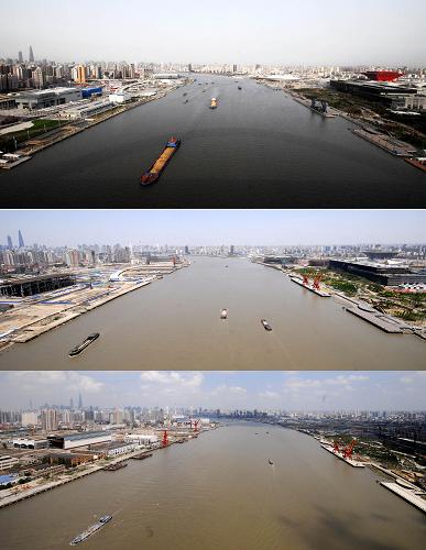 上圖是2010年3月21日拍攝的浦江兩岸的世博園區(qū),中圖是2009年5月1日世博會(huì)倒計(jì)時(shí)1周年時(shí)拍攝的世博園區(qū),下圖是2008年9月世博會(huì)倒計(jì)時(shí)600天時(shí)拍攝的世博園區(qū)(拼版照片)。3月22日,上海世博會(huì)進(jìn)入開幕式倒計(jì)時(shí)40天。橫跨黃浦江兩岸的世博園區(qū)面貌今非昔比,煥然一新。新華社發(fā)