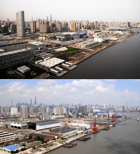 上圖是2010年3月21日拍攝的上海世博會(huì)浦西園區(qū),下圖是2008年9月8日拍攝的原江南造船廠(拼版照片)。新華社發(fā)