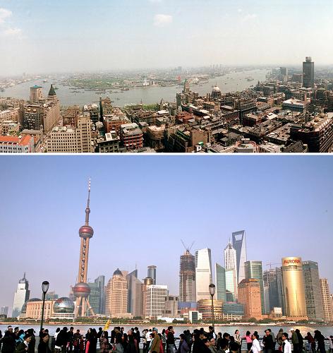 上圖:1990年5月拍攝的黃浦江畔的上海市。近景是浦西城區(qū),江對(duì)岸是即將開發(fā)的浦東地區(qū);下圖:2010年4月5日拍攝的上海浦東陸家嘴金融貿(mào)易區(qū)。滔滔浦江東流去,百舸爭(zhēng)流看今朝。從昔日的鄉(xiāng)村田野到今天高樓林立、萬商云集,作為中國(guó)改革開放排頭兵的浦東,已經(jīng)在開發(fā)開放中走過了20個(gè)年頭。浦東20年,以滄海桑田的歷史巨變、以放眼全球的勃勃雄心、以永無止境的創(chuàng)新活力昭示世界:浦東走的是一條不斷解放思想、解放生產(chǎn)力之路,是一條探索中國(guó)特色、上海特點(diǎn)之路,是一條面向世界、擴(kuò)大開放之路,是一條艱苦創(chuàng)業(yè)、共建美好家園之路。今天,站在新的歷史起點(diǎn)上的浦東,正借著國(guó)家綜合配套改革試點(diǎn)、舉辦上海世博會(huì)等強(qiáng)勁東風(fēng),凝聚起新的動(dòng)力,繼續(xù)走在改革開放前列,走在率先轉(zhuǎn)變經(jīng)濟(jì)發(fā)展方式的前列,勇當(dāng)推動(dòng)科學(xué)發(fā)展、促進(jìn)社會(huì)和諧的排頭兵。新華社發(fā)(資料照片)