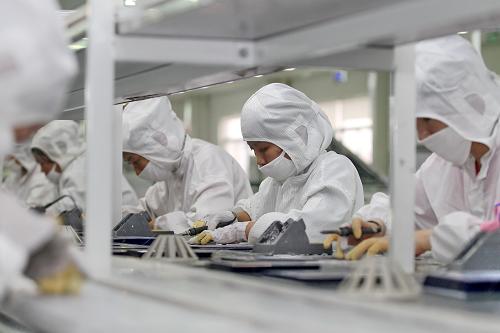 江蘇南通歐貝黎新能源科技股份有限公司工作人員在太陽能電池組件車間忙碌(11月18日攝)。新華社發(fā)(許叢軍 攝)