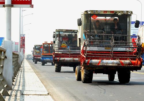 6月13日,收割機(jī)車隊(duì)由南往北行駛在鄭州黃河公路大橋上。截至6月12日,河南省已收割小麥3185萬(wàn)畝,占種植面積的40%。隨著豫南地區(qū)麥?zhǔn)罩饾u進(jìn)入掃尾階段,預(yù)計(jì)從14日開(kāi)始,黃河以北地區(qū)小麥大面積機(jī)收將全面展開(kāi)。新華社記者 王頌 攝