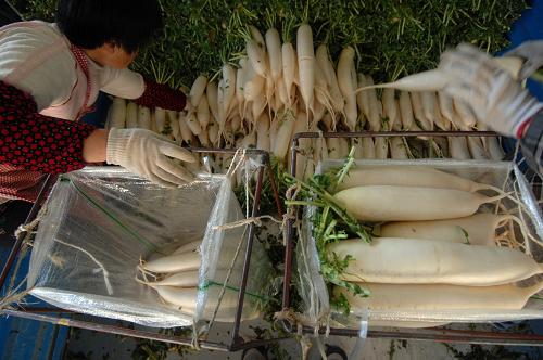 12月2日,工人在杭州蔬菜批發(fā)交易市場內(nèi)的一輛貨車上將白蘿卜整理裝袋。商務(wù)部發(fā)布監(jiān)測數(shù)據(jù)顯示,11月22日至28日,重點(diǎn)監(jiān)測的食用農(nóng)產(chǎn)品和生產(chǎn)資料價格雙雙回落。其中,18種蔬菜平均批發(fā)價格比前一周下降5.9%。新華社記者 黃宗治 攝