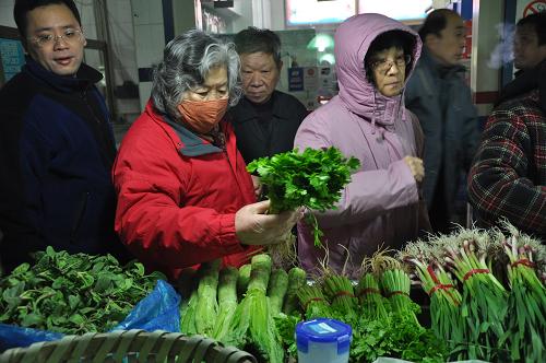 2月10日,在國年路菜場,市民在選購蔬菜。近日,上海受冷空氣影響,持續(xù)低溫,蔬菜價格漲幅明顯。據(jù)上海統(tǒng)計局網(wǎng)站數(shù)據(jù)顯示,鮮菜價格上漲23.0%,而豆制品價格相對平穩(wěn)。新華社發(fā)(蔣倩蘭 攝)