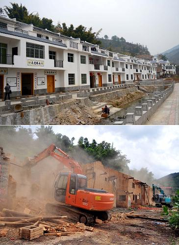 拼版照片:上圖是贛州市上猶縣水巖鄉(xiāng)古田村土坯房改造后的新居(1月26日攝);下圖是贛州市上猶縣水巖鄉(xiāng)古田村正在拆除土坯房(資料照片)。新華社記者 周科 攝