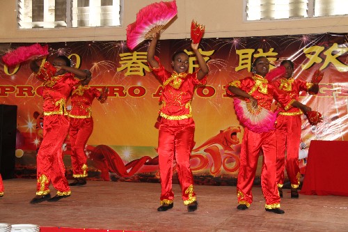 2月14日,莫桑比克華僑協(xié)會(huì)在馬普托舉行中國(guó)農(nóng)歷虎年春節(jié)聯(lián)歡會(huì)。圖為中資公司的雇員在表演中國(guó)民族舞蹈。 新華社記者劉大龍攝