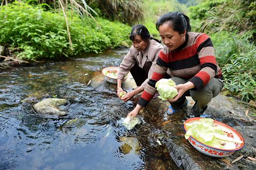 4月23日,福州市閩侯縣大湖鄉(xiāng)六錦村村民在整治后的村前小溪邊洗菜。新華社記者 張國(guó)俊 攝